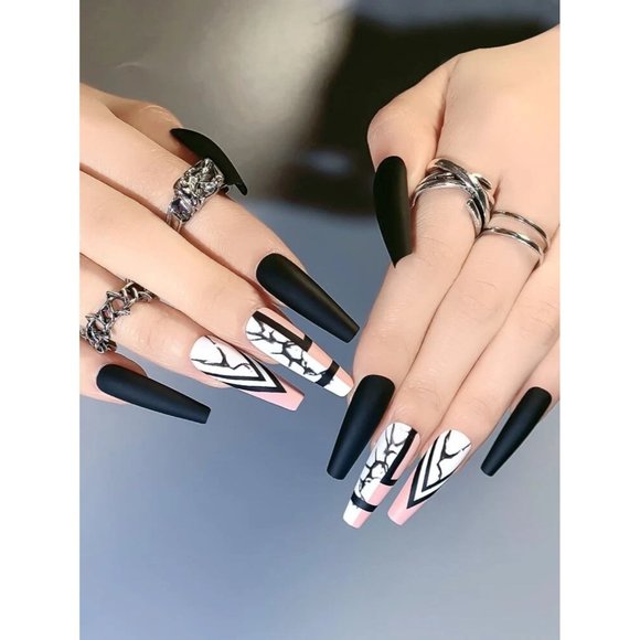 Black and Pink Marble Coffin Shaped Nails - Picture 3 of 4